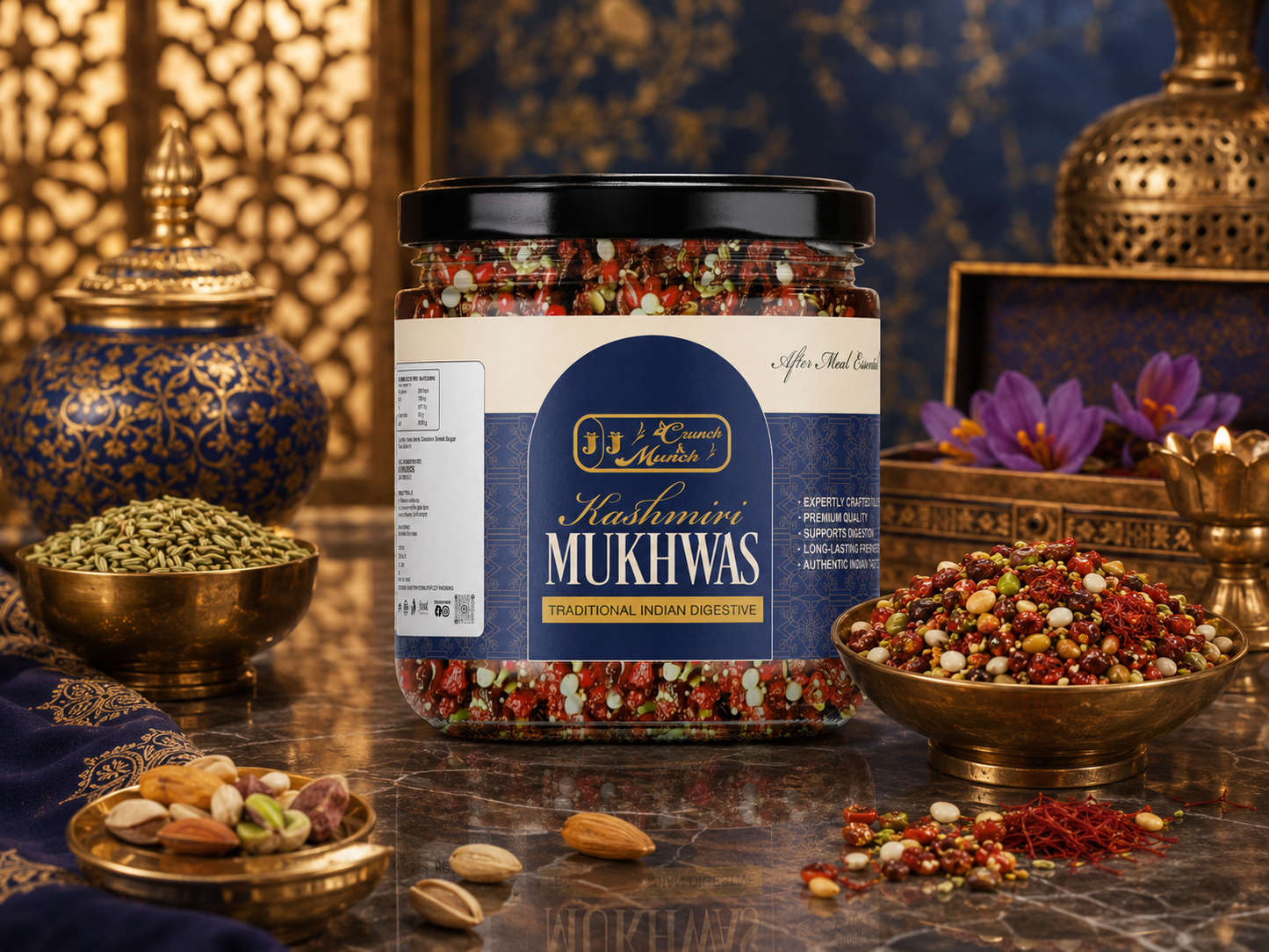 JJ Crunch & Munch Kashmiri Mukhwas – Premium Traditional Indian Digestive Mouth Freshener | After-Meal Refreshing Blend | Authentic Kashmiri Flavor