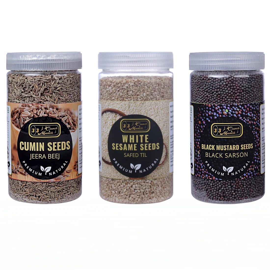 J J crunch N munch Indian Super Seeds Combo Pack, Cumin 180g, White Sesame 200g, Mustard 250g, Kitchen Jar Packs