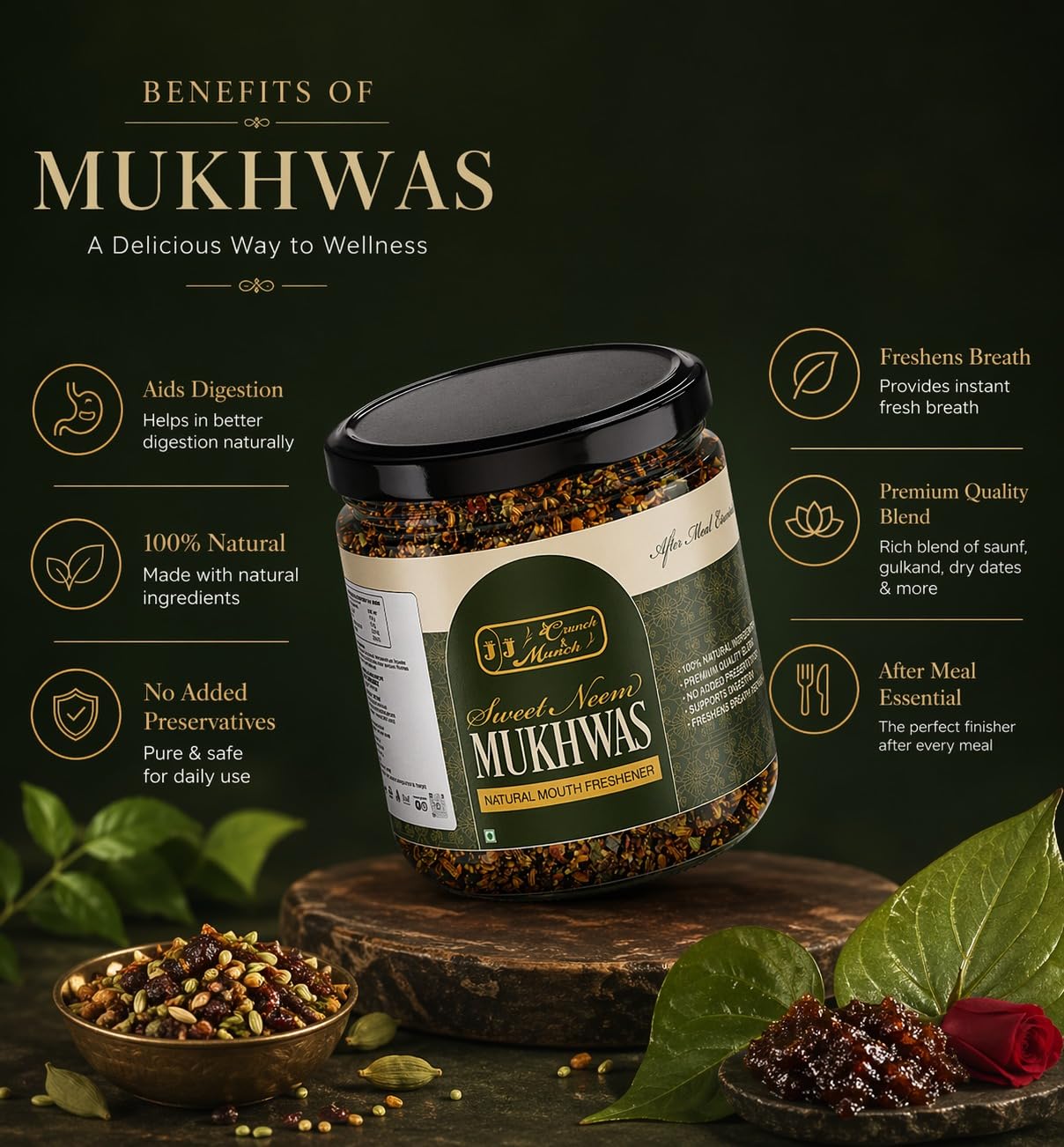 J J Crunch N Munch Sweet Neem Mukhwas, Natural Mouth Freshener, 100% Natural Ingredients, No Added Preservatives