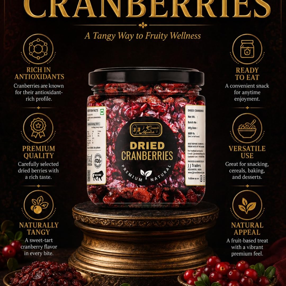 JJ Crunch & Munch Dried Cranberries Premium Sweetened Dried Cranberry Fruit Healthy Snack Rich in Fiber for Baking Cookies Cakes Yogurt Salads Smoothies & Trail Mix