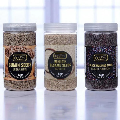 J J crunch N munch Indian Super Seeds Combo Pack, Cumin 180g, White Sesame 200g, Mustard 250g, Kitchen Jar Packs