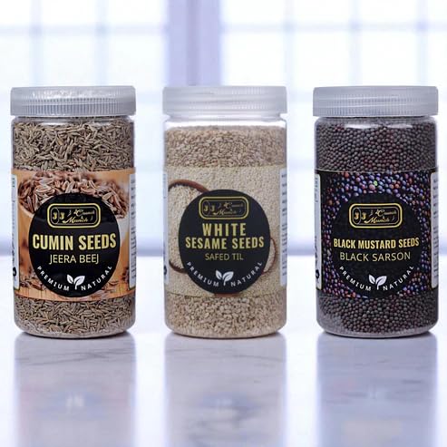 J J crunch N munch Indian Super Seeds Combo Pack, Cumin 180g, White Sesame 200g, Mustard 250g, Kitchen Jar Packs