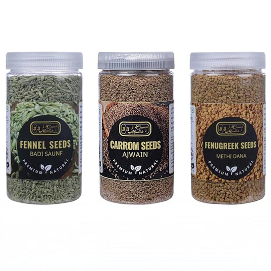 Digestive Super Seeds Combo Pack, Carom 170g, Fenugreek 250g, Fennel 170g, 3 Glass Jars, 590g Total