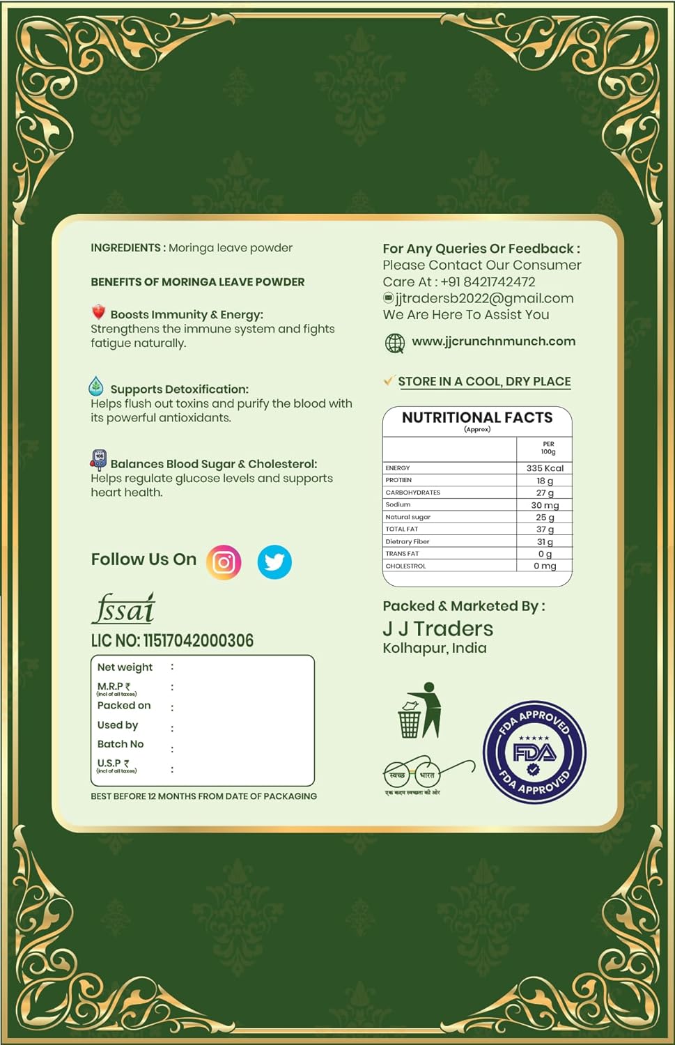 Organic Moringa Powder 70 Gram – 100% Pure Natural Leaf Powder | Herbal Supplement | Culinary & Smoothie Ingredient | Vegan, Non-GMO, No Additives