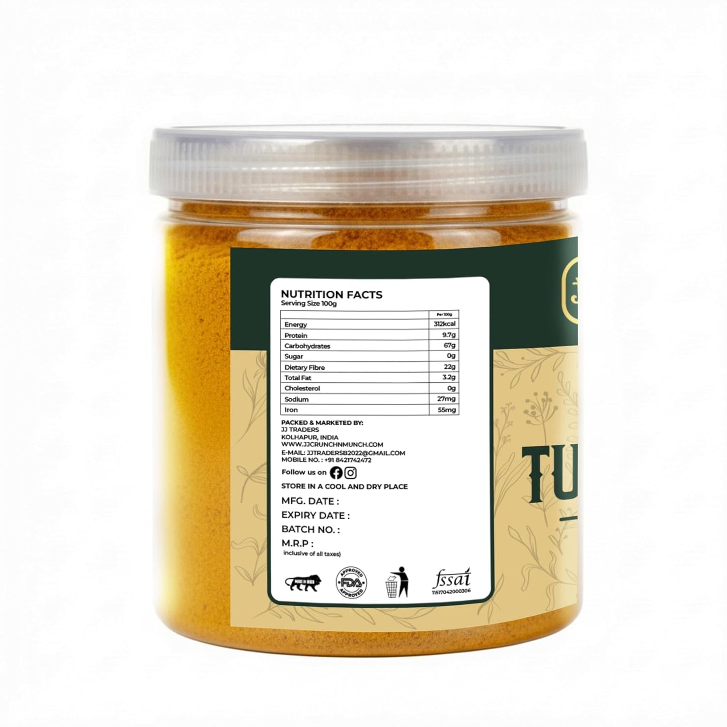 J J crunch N munch Turmeric Powder 100g | Pure Haldi Powder | Natural Color & Aroma | Finely Ground Spice | No Preservatives | For Indian Cooking