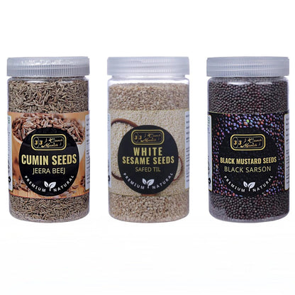 J J crunch N munch Indian Super Seeds Combo Pack, Cumin 180g, White Sesame 200g, Mustard 250g, Kitchen Jar Packs