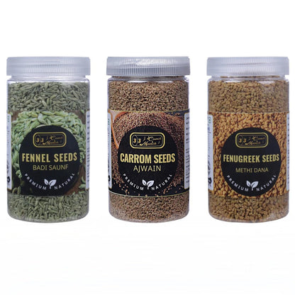 Digestive Super Seeds Combo Pack, Carom 170g, Fenugreek 250g, Fennel 170g, 3 Glass Jars, 590g Total