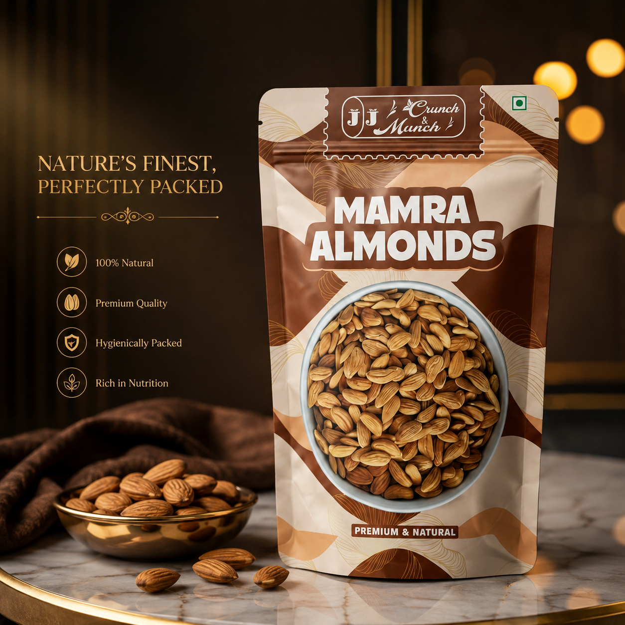 J J Crunch N Munch Mamra Almonds 200g | Premium Raw Mamra Badam | 100% Natural | Fresh & Crunchy