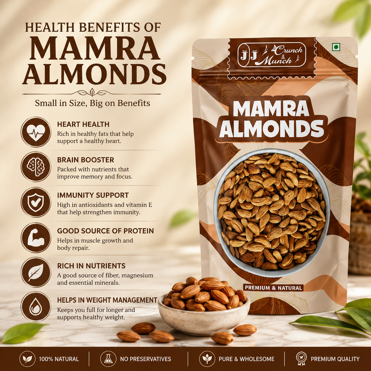 J J Crunch N Munch Mamra Almonds 200g | Premium Raw Mamra Badam | 100% Natural | Fresh & Crunchy
