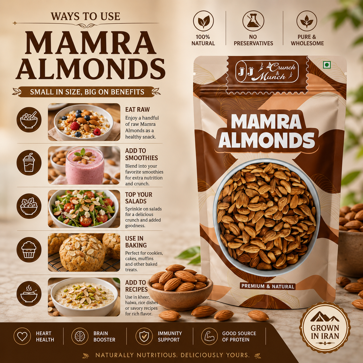 J J Crunch N Munch Mamra Almonds 200g | Premium Raw Mamra Badam | 100% Natural | Fresh & Crunchy