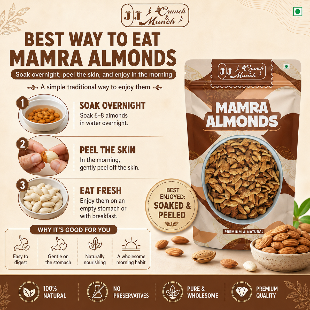 J J Crunch N Munch Mamra Almonds 200g | Premium Raw Mamra Badam | 100% Natural | Fresh & Crunchy