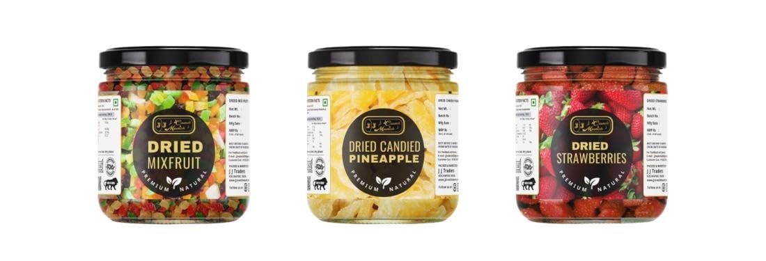 J J Crunch N Munch Dried Mango and Candied Pineapple and Strawberries, 120g Each, Combo Pack of 3 | Ready to Eat Dried Fruit Snack | No Artificial Colours