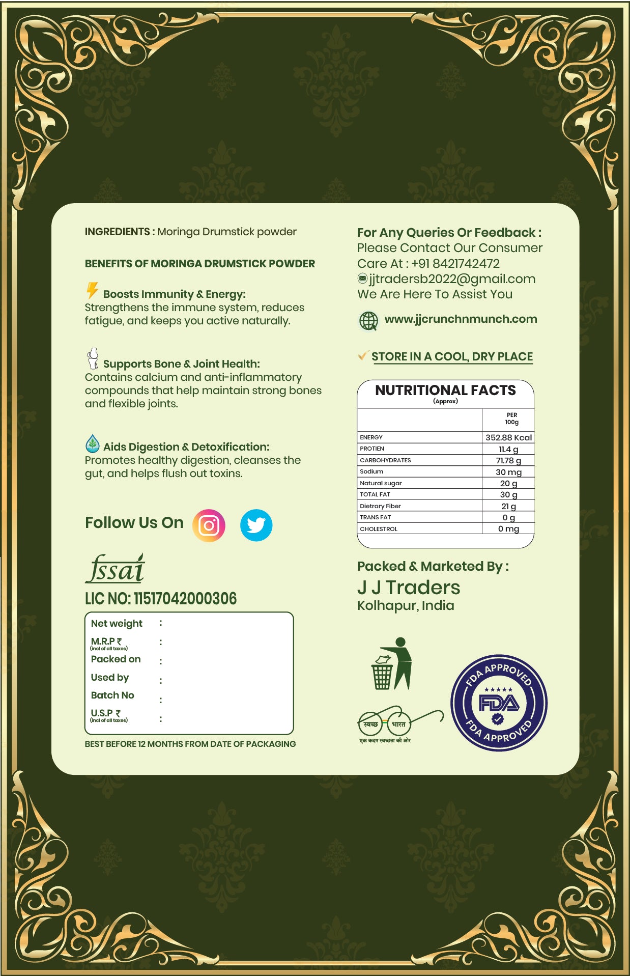 Pure Drumstick Powder 70G| A Superfood Boost of Calcium, Iron & Antioxidants | Non-GMO & Gluten-Free