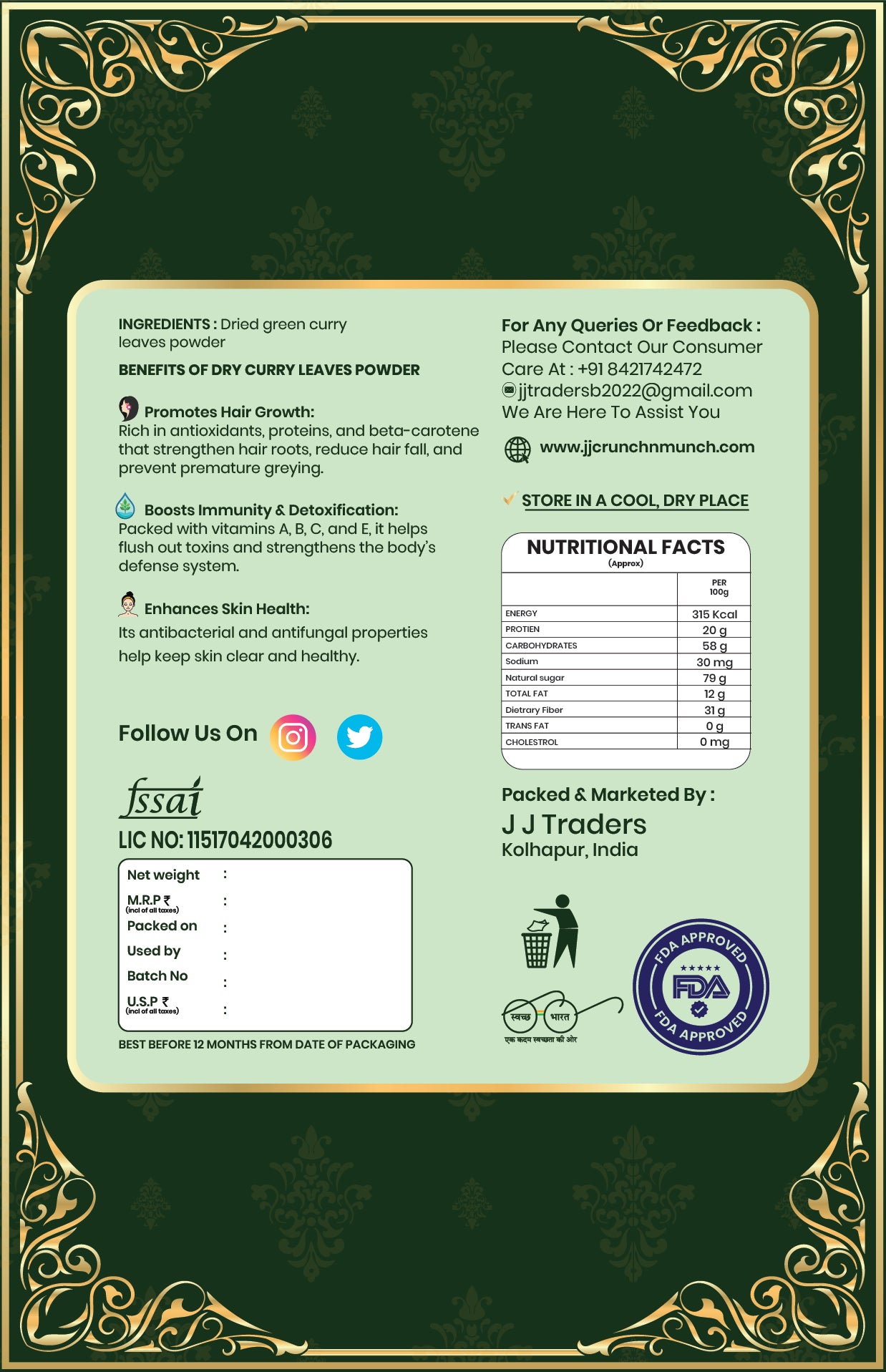 Curry Leaf Powder (Kadi Patta Powder) – Natural & Aromatic Indian Spice | 70g | Pure, No Additives – Perfect for Indian Curries, Chutneys, Snack