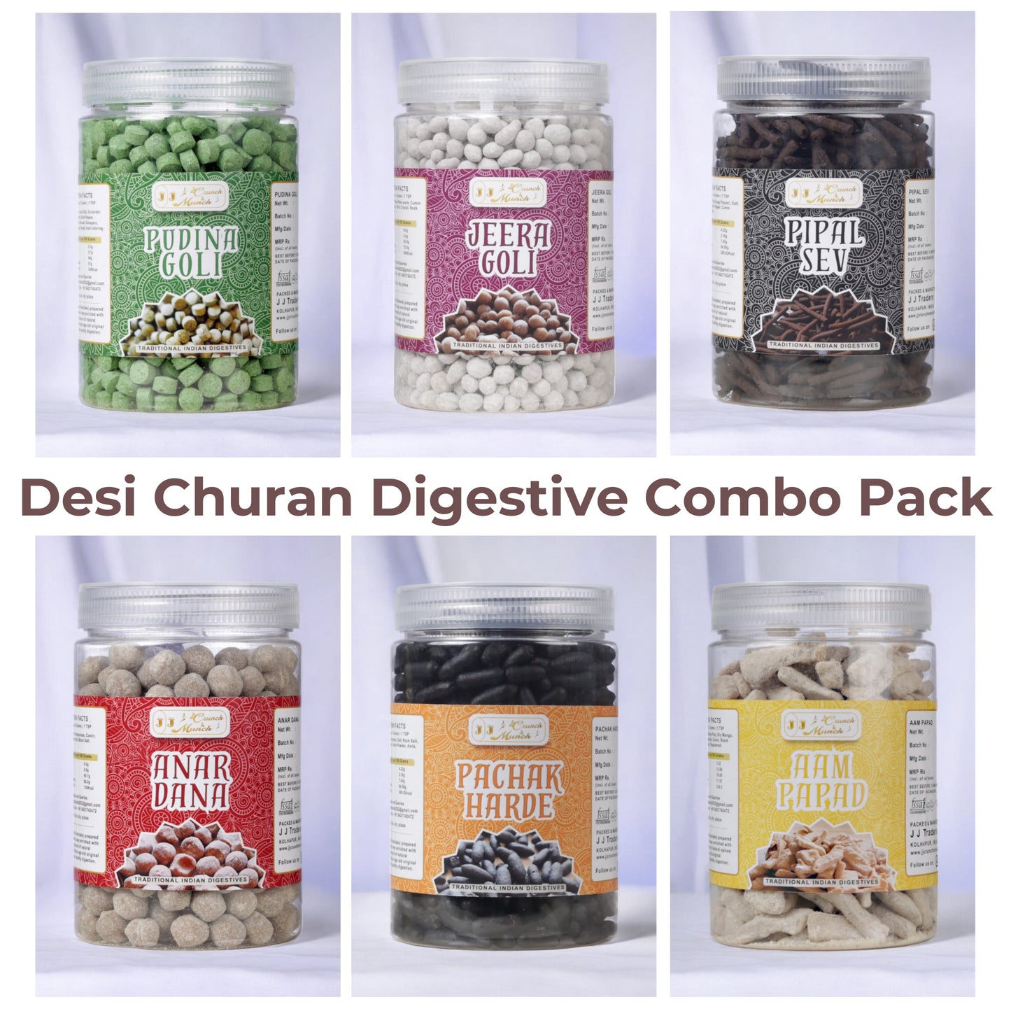 Desi Digestive Combo Pack 1 - Pudina Goli, Jeera Goli, Anardana, Pachak Harde, Aam Papad & Pipal Sev