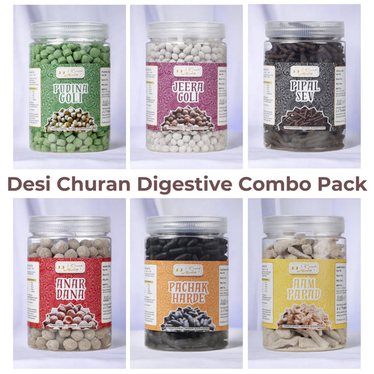 Desi Digestive Combo Pack 1 - Pudina Goli, Jeera Goli, Anardana, Pachak Harde, Aam Papad & Pipal Sev