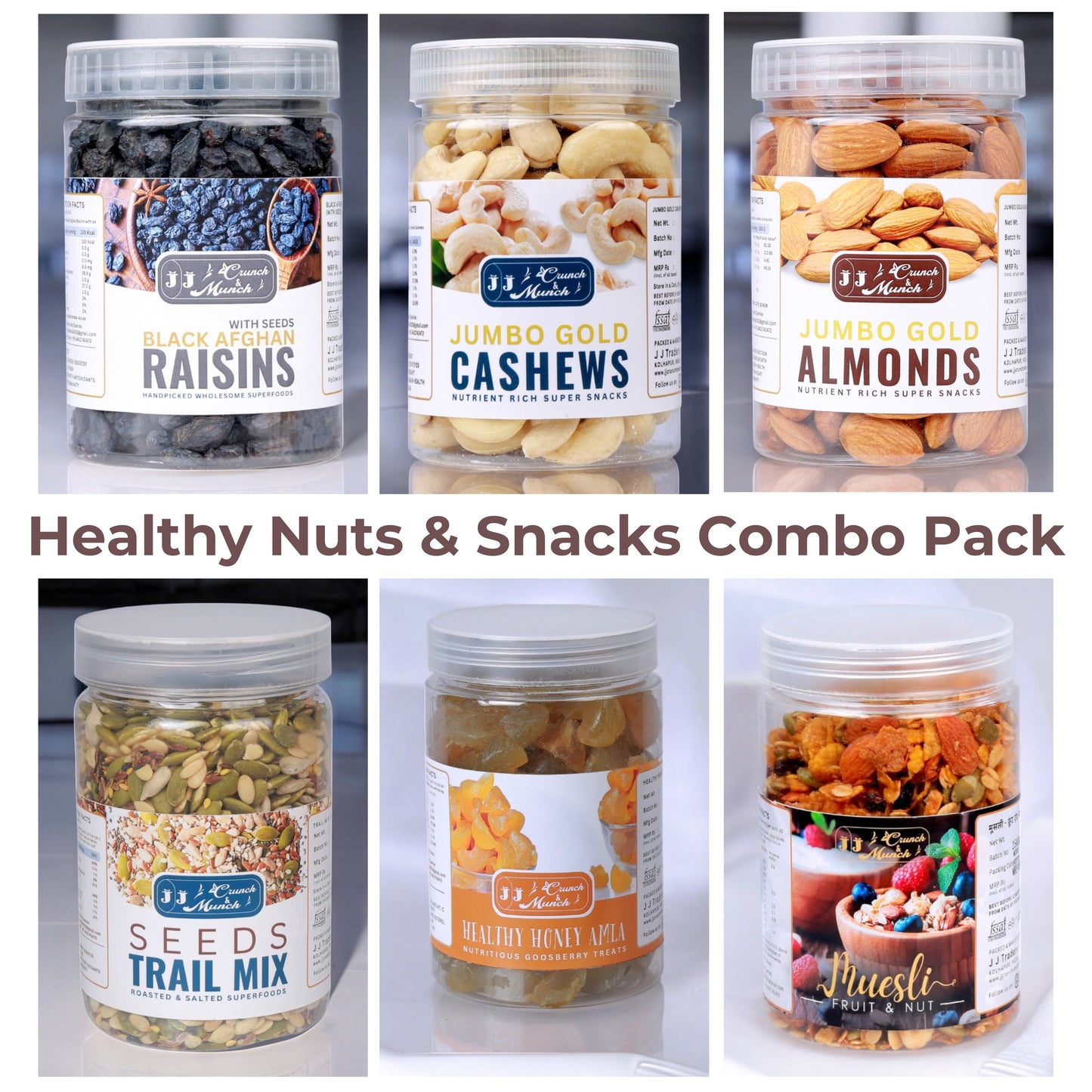 Nuts Combo Pack 1 - Black Raisins, Jumbo Almonds, Goan Cashews, Honey Amla Candy, Fruit & Nut Muesli Mix, Roasted & Salted Seed Mix