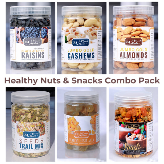 Nuts Combo Pack 1 - Black Raisins, Jumbo Almonds, Goan Cashews, Honey Amla Candy, Fruit & Nut Muesli Mix, Roasted & Salted Seed Mix