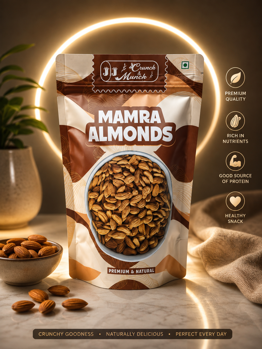 J J Crunch N Munch Mamra Almonds 200g | Premium Raw Mamra Badam | 100% Natural | Fresh & Crunchy