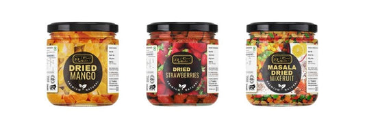 J Crunch N Munch Dried Mango and Strawberries and Masala Mix Fruit, 120g Each, Combo Pack of 3 | Ready to Eat Dried Fruit Snack | No Artificial Colours
