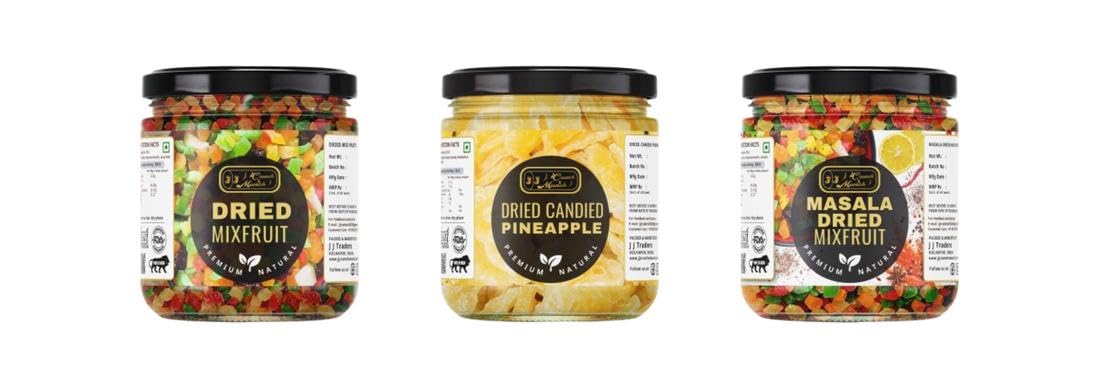 J J Crunch N Munch Dried Mix Fruit and Candied Pineapple and Masala Mix Fruit, 120g Each, Combo Pack of 3 | Ready to Eat Dried Fruit Snack | No Artificial Colours