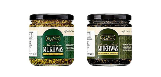 J J Crunch N Munch Namkeen Mukhwas and Sweet Neem Traditional Indian Digestive and Natural Mouth Freshener, 150g Each, Pack of 2