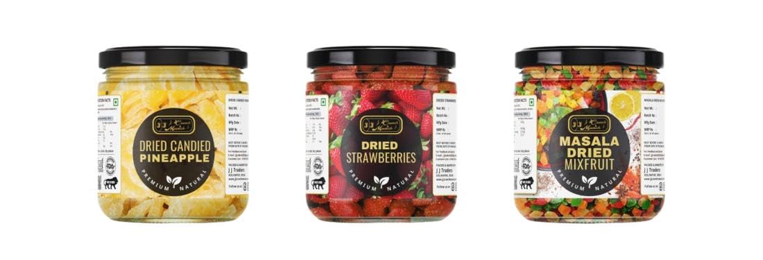 J J Crunch N Munch Dried Candied Pineapple and Strawberries and Masala Mix Fruit, 120g Each, Combo Pack of 3 | Ready to Eat Dried Fruit Snack