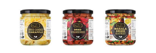 J J Crunch N Munch Dried Candied Pineapple and Strawberries and Masala Mix Fruit, 120g Each, Combo Pack of 3 | Ready to Eat Dried Fruit Snack
