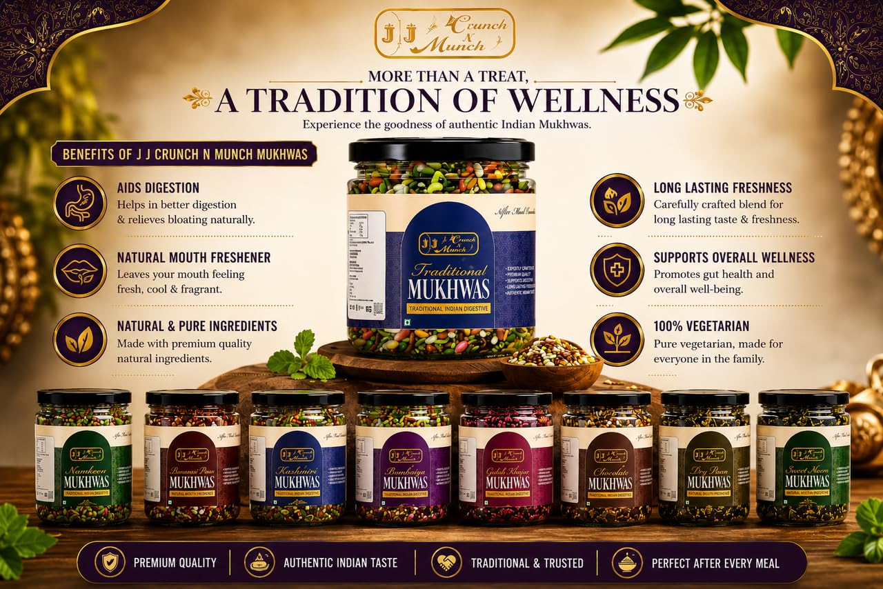 J J Crunch N Munch Bombaiya Mukhwas and Chocolate Traditional Indian Digestive, 150g Each, Pack of 2 Jars
