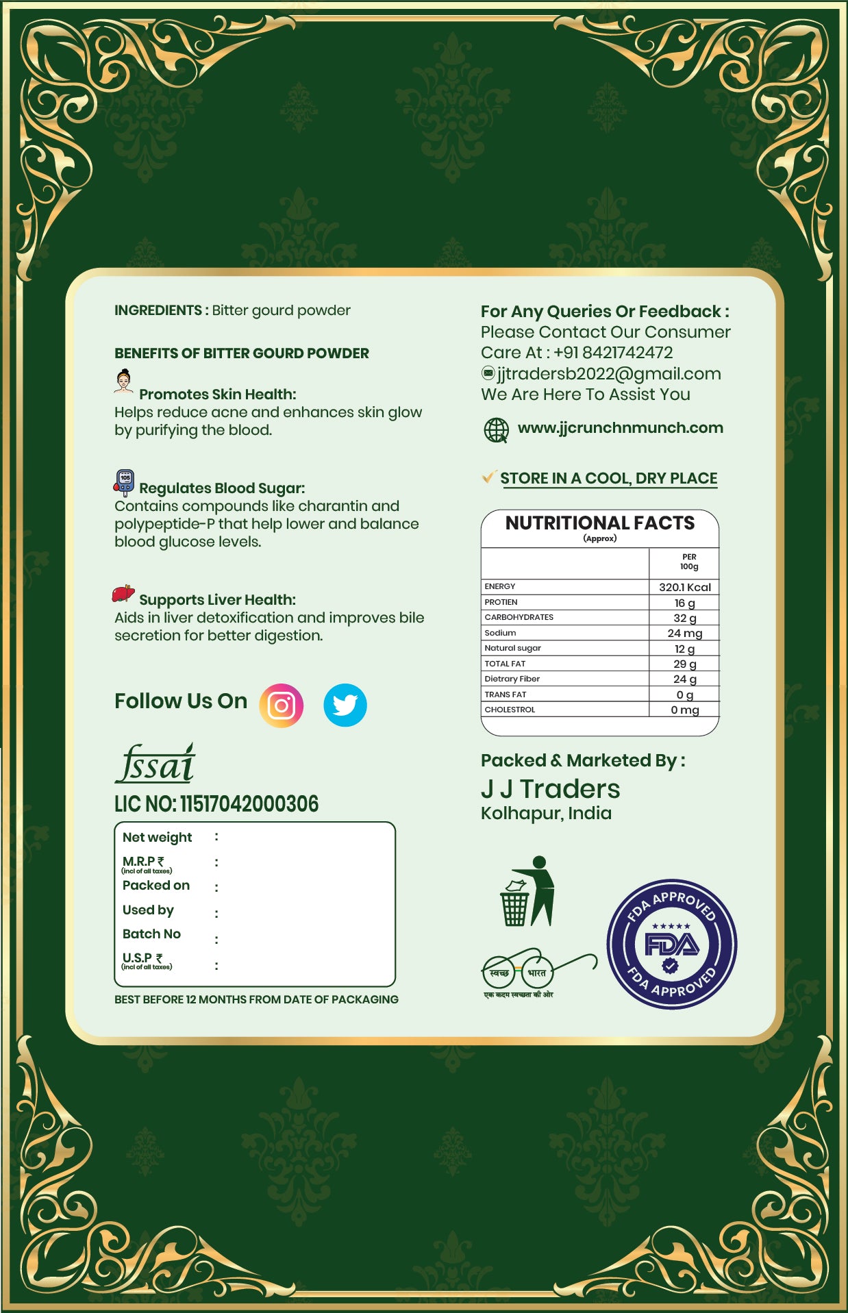 Organic Karela Powder (Bitter Gourd) 70 Gram – Momordica Charantia | 100% Natural Additive-Free Herbal Powder | Kitchen & Culinary Use