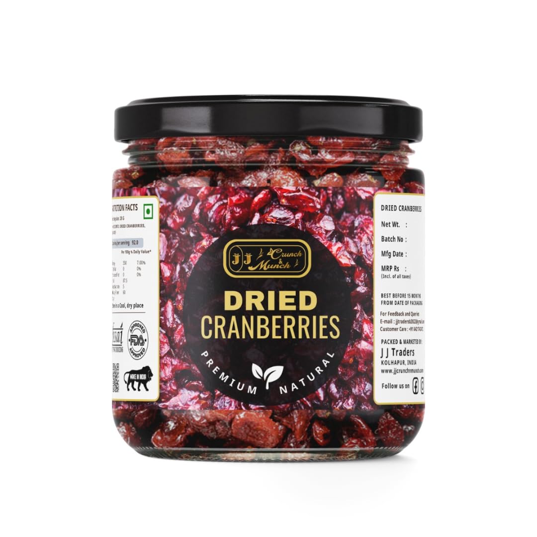 JJ Crunch & Munch Dried Cranberries Premium Sweetened Dried Cranberry Fruit Healthy Snack Rich in Fiber for Baking Cookies Cakes Yogurt Salads Smoothies & Trail Mix
