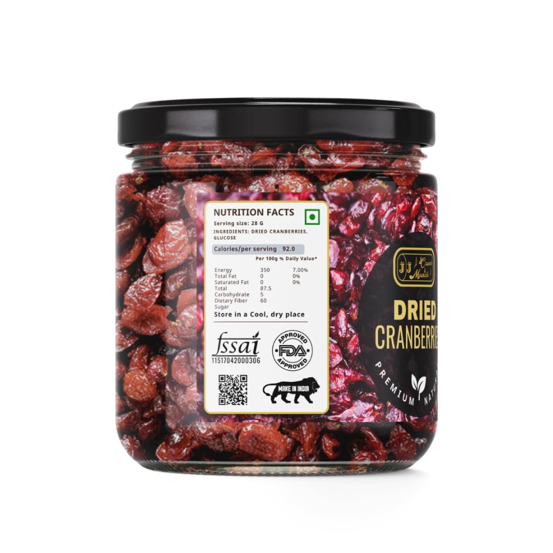 JJ Crunch & Munch Dried Cranberries Premium Sweetened Dried Cranberry Fruit Healthy Snack Rich in Fiber for Baking Cookies Cakes Yogurt Salads Smoothies & Trail Mix