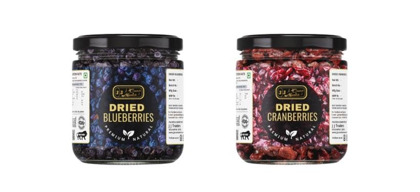 J J Crunch N Munch Dried Blueberries and Dried Cranberries, 120g Each, Combo Pack of 2 | Ready to Eat Dried Fruit Snack | No Artificial Colours | Premium Fruit Mix