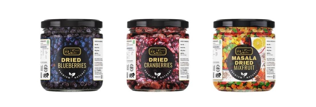 J J Crunch N Munch Dried Blueberries and Cranberries and Masala Mix Fruit, 120g Each, Combo Pack of 3 | Ready to Eat Dried Fruit Snack | No Artificial Colours