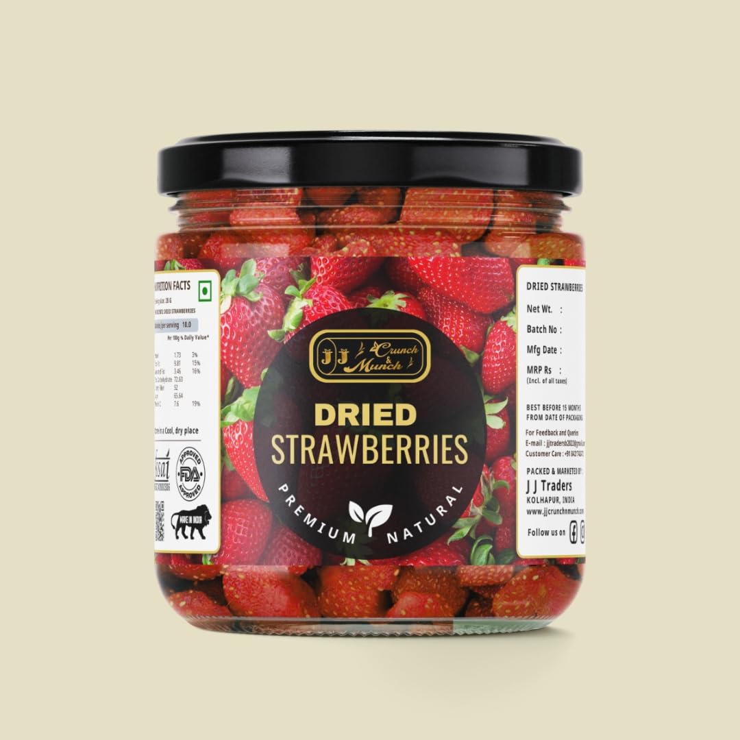 J J Crunch N Munch Dried Strawberries - Healthy Cranberry Snacks for Kids & Adults, Fiber-Rich Berries, High in Antioxidants, Naturally Sweet, No Added Preservatives, Tasty & Healthy