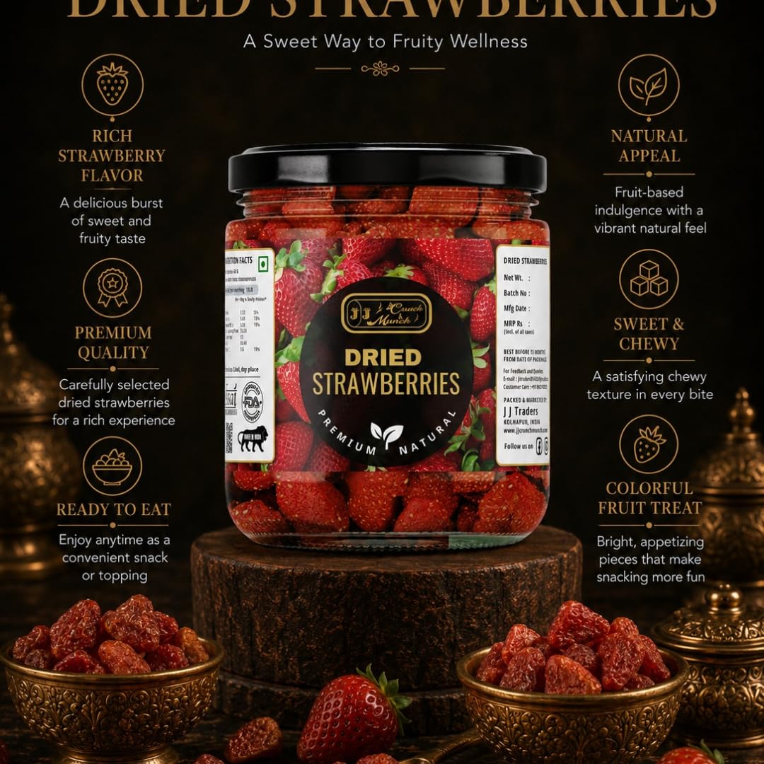J J Crunch N Munch Dried Strawberries - Healthy Cranberry Snacks for Kids & Adults, Fiber-Rich Berries, High in Antioxidants, Naturally Sweet, No Added Preservatives, Tasty & Healthy